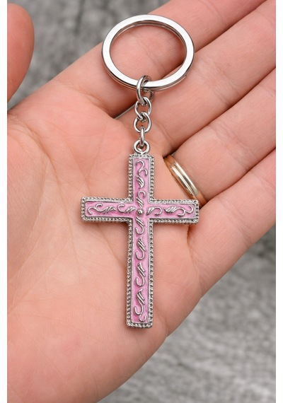 Pembe Gotik Haç Figürlü Metal Anahtarlık Unisex Tasarım