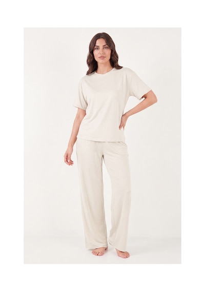Lela Yumuşak Dokulu Bisiklet Yaka Lastikli Bel Kısa Kollu Pijama Takımı Bayan Pijama Takımı 65720102 Ekru