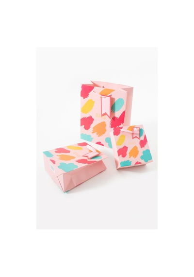 Pastel Pembe Renkli Fırça Desenli 3 Boy Karton Hediye Çantası Seti 3+