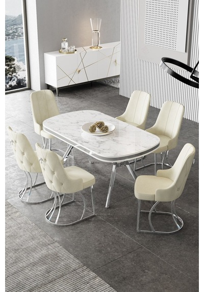 Canisa Epal Serisi 90x168 Lak Panel Beyaz Mermer Desen Masa Takımı Krom Ayaklı 6 Krem Sandalye Beyaz Mermer Desen Masa Sandalyeler Krem Canisa Epal Serisi 90x168 Lak Panel Beyaz Mermer Desen Masa Takımı Krom Ayaklı 6 Krem Sandalye Beyaz Mermer Desen Masa Sandalyeler Krem