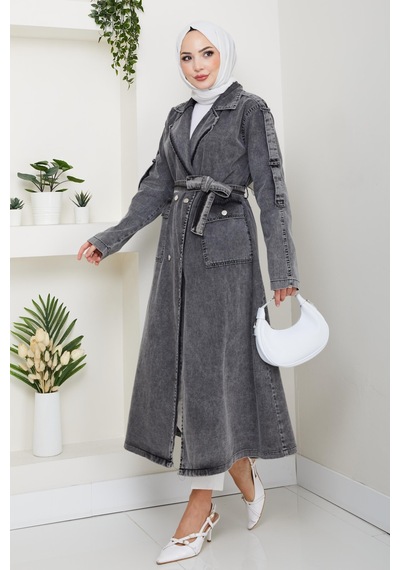 Hb Harma Time Butik Kadın Cepli Kuşaklı Denim Koyu Gri Trençkot