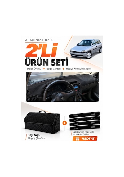 Opel Corsa B 1992-2000 Uyumlu Torpido Örtüsü + Tay Tüyü Bagaj Çantası + Sticker Seti - Siyah