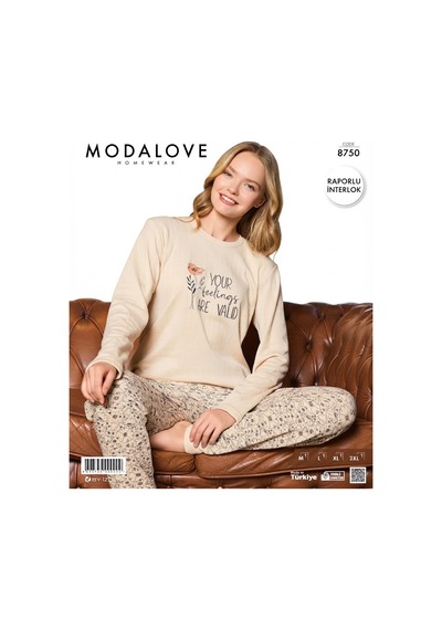 Modalove Kadın Raporlu İnterlok Kumaş Kışlık Uzun Kol Pijama Takımı 8750 Bej