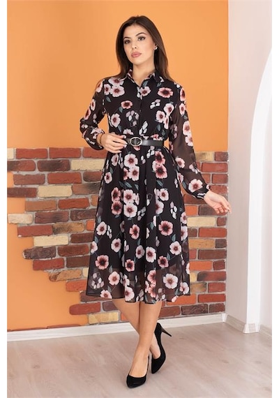 Dip Moda Kadın Gömlek Yaka Kemerli Çiçekli Şifon Elbise Dpry0031 Mor