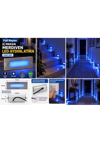 3 Watt, Sensörsüz Mavi Işık Ledli İç Çok Kaliteli Mekan Merdiven, Antre, Hol Aydınlatma Armatürü Krom