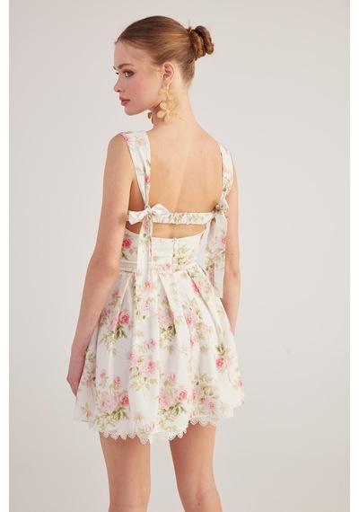 Holly Lolly Eteği Brode Detaylı Çiçekli Mini Romance Elbise Pembe
