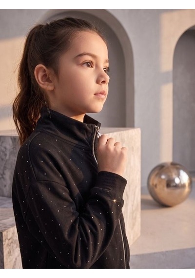 Zekids Kız Çocuk Siyah Taşlı Fermuarlı Geniş Paça Eşofman Takımı-17432