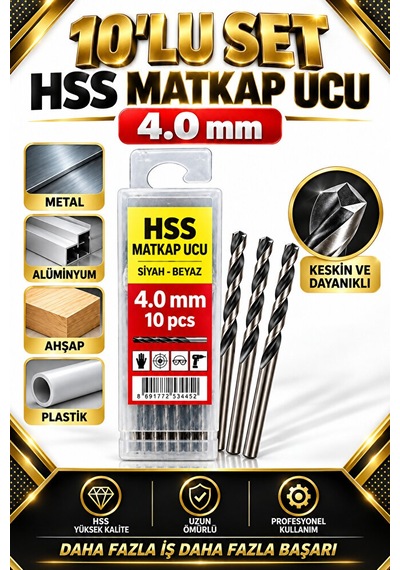 4 Mm Hss Matkap Ucu 10 Lu Set Metal Alüminyum Ahşap Plastik Delme