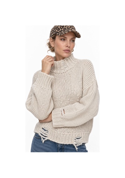 Neden Tekstil Kadın Premium Yırtık Detaylı Oversize Triko Kazak - Bej