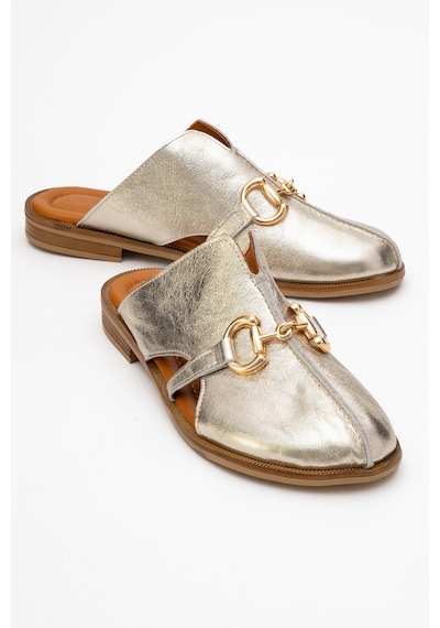 Luvishoes Favor Altın Metalik Hakiki Deri Tokalı Önü Kapalı Kadın Terlik Altın