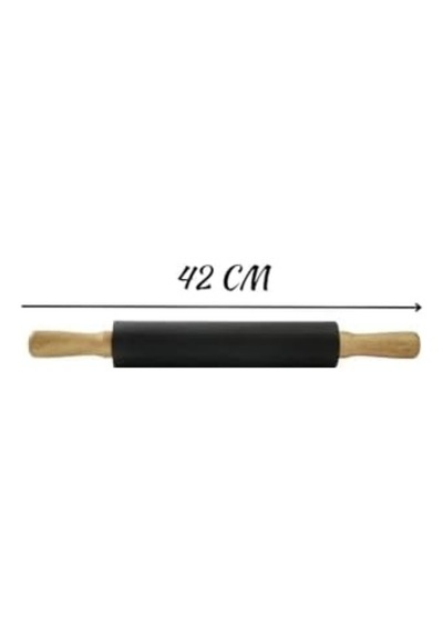 Bambu Saplı Silikon Merdane, Oklava, Hamur Açma Aracı, Siyah, 42 Cm, Yapışmaz Yüzey, Börek Ve Baklava İçin 50 x 22