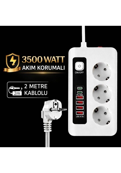 Smayling 3500w Akım Korumalı Çoklu Priz - 3 Priz Girişi, 2 Type-c + 4 Usb Port, Pd 18w Hızlı Şarj, Açma/kapama 0