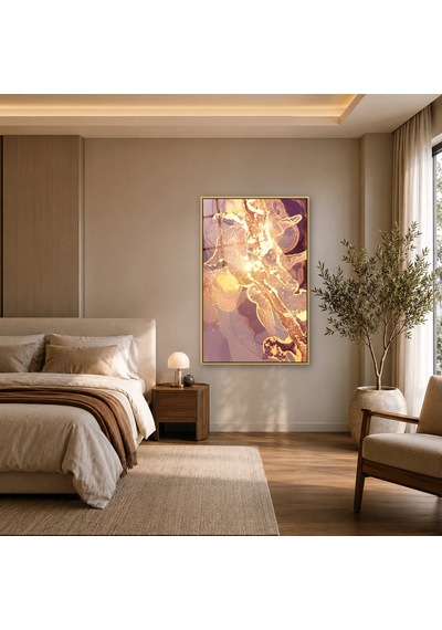 Lila Mürdüm Altın Akışkan Gold Çerçeveli Cam Tablo