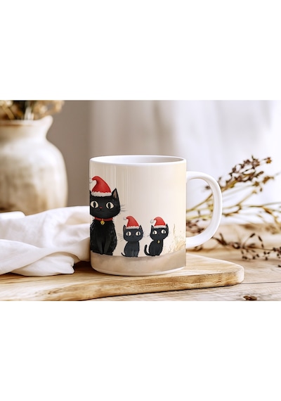 Yeni Yıl Temalı Siyah Kedi Desenli Kupa Bardak Noel Şapkalı Kediler Tasarımı - Yılbaşı Hediye Beyaz