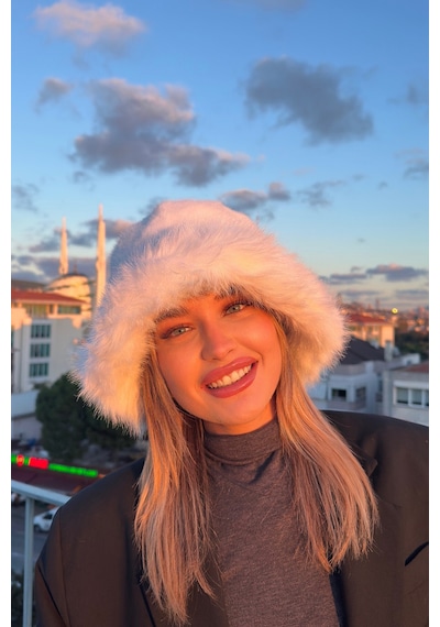 Mollycrush Suni Kürklü Peluş Bucket Kalpak Şapka Luxury Kadın Beyaz Rus Slav Tarzı Beyaz