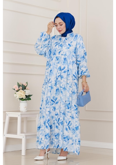 Sevitli Kuşaklı Çiçekli Lina Elbise-mavi-5260 Mavi