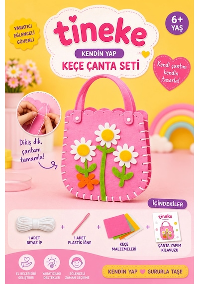 Tineke Kendin Yap Keçe Çanta Seti Papatya Desenli Dikiş Öğrenme Hobi Ve El Sanatları Oyuncağı 6+ Y