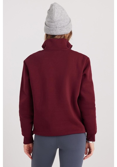 Tudors Kadın Relax Fit Rahat Kesim Pamuklu İçi Polarlı Yarım Fermuarlı Bordo Dik Yaka Sweatshirt-37889 Bordo