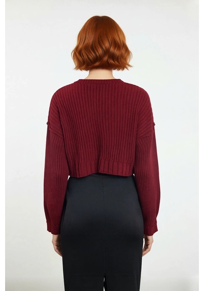 Ersefa Kadın Bordo Oversize Kesim Fitilli Triko Crop Kazak Uzun Kollu Bi