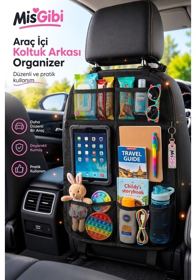 Misgibi Araç İçi Koltuk Arkası Organizer - Tekli Tablet Bölmeli, Çok Cepli Oto İçi Düzenleyici