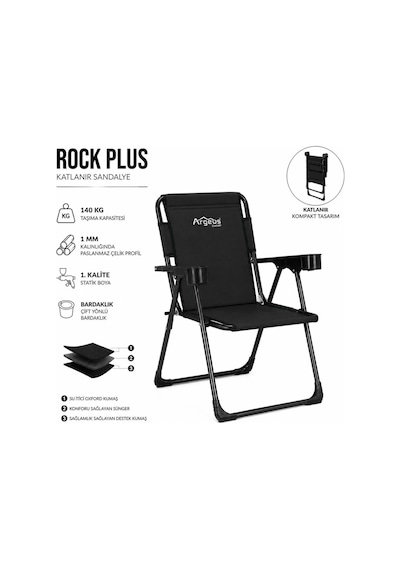 Katlanır Piknik Ve Kamp Sandalyesi - Bardaklıklı - Rock Plus - Siyah Çok Renkli