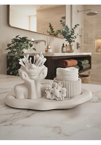 Modern Dekoratif Banyo Seti El Yapımı Vernikli Pamukluk & Kulak Çubuğu Düzenleyici Beyaz