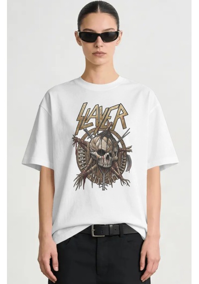 Slayer Rock Metal Müzik Grubu Baskılı Unisex Oversize Premium Tiş Beyaz