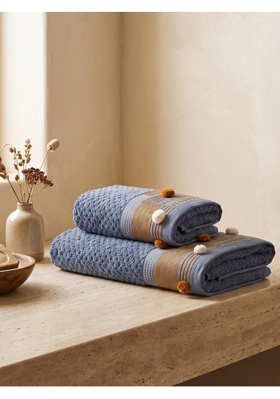 Kod-9832 Pamuk Jakarlı 50x90/70x140 Banyo Havlu Seti 2'li - Indigo