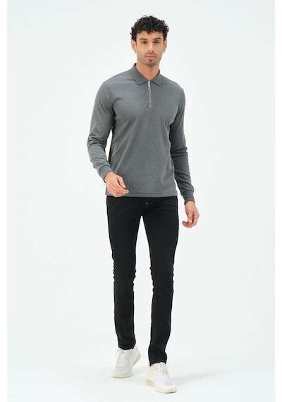 Fermuarlı Uzun Kollu Regular Fit Erkek Polo Yaka T-shirt Gri