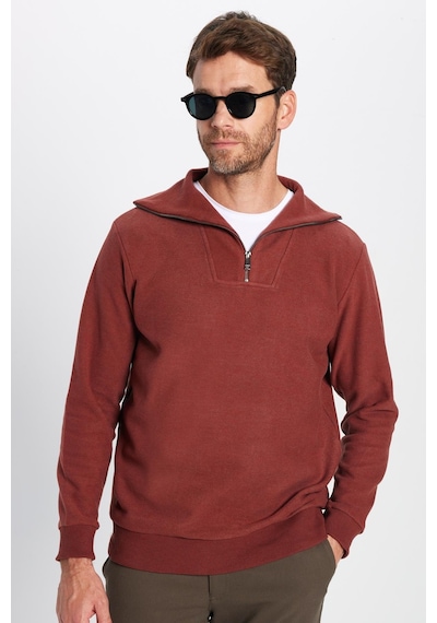 Tudors Unisex Relax Fit Rahat Kesim Desenli Pamuklu Yarım Fermuarlı Kiremit Renk Dik Yaka Sweatshirt-31989 Kiremit