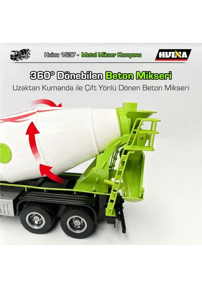 Huına 1537 1/14 12ch Profesyonel Rc Uzaktan Kumandalı İş Makinesi Metal Beton Mikser Çimento Kamyonu İnşaat Aracı Mixer Truck - Sesli Ve Işıklı
