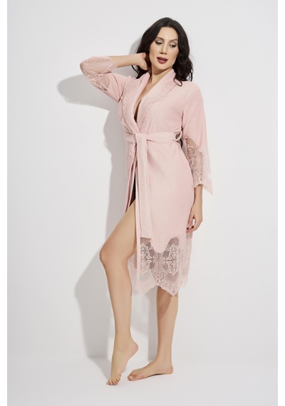 Dantelli Kısa Şalyaka Bukle Bambu Cotton Bayan Bornoz Pudra