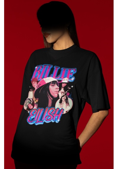 Sevbano Tasarım Billie Eilish Şarkıcı Baskılı Unisex Oversize Tişört Siyah