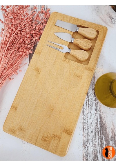 4 Parça Bambu Peynir Sunum Tahtası Ve Çatal - Spatula - Bıçak Seti, Peynir Kesim Panosu, Sunum Seti Bambu