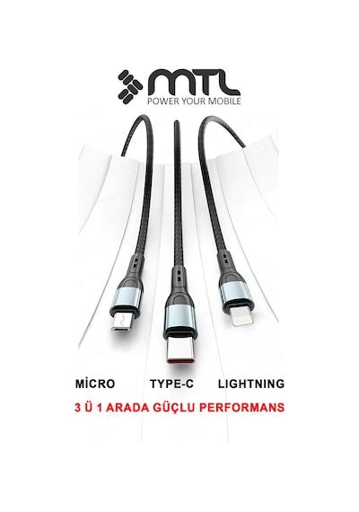 18w 3'ü 1 Arada 3in1 Ultra Hızlı Hasır Örgülü Şarj Ve Data Aktarım Kablosu 1 Metre Mt2511