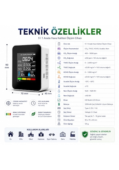 5'i 1 Arada Dijital Hava Kalitesi Ölçer Co2 Tvoc Hcho Sıcaklık Nem Ölçer Şarjlı Hava Kalitesi Dedektörü Hd Ekranlı Beyaz
