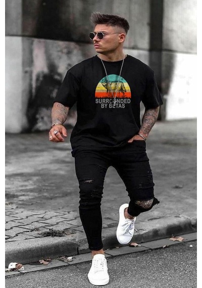 Noıssey Buğraterzimoda Kurt Baskılı Siyah Oversize T-shirt Wolf464635
