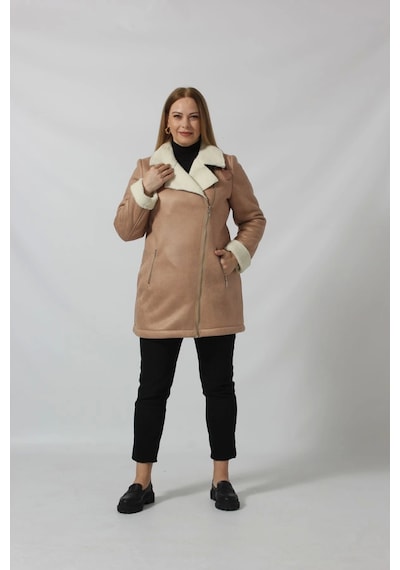 Moda Berray 3262 Uzun İçi Kürklü Boğazı Kemer Detaylı Kaban Vizon Kahverengi