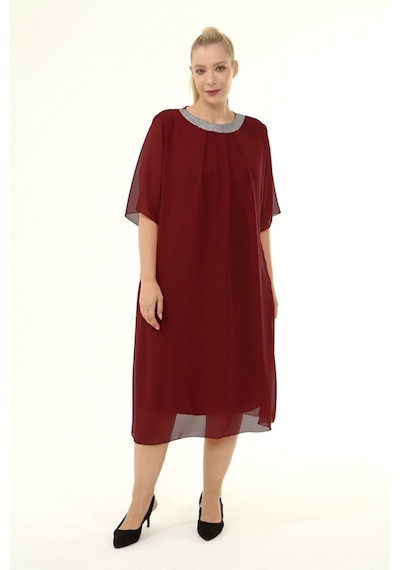 Bordo Büyük Beden Şifon Elbise 16E-1862 Bordo