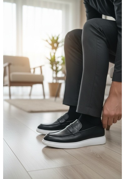 Enoch Deri Siyah Klasik Casual Loafer Beyaz Tabanlı Siyah