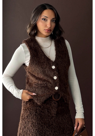 Verymoda Vintage Tarz Tüylü Kadın Yelek Vmf1985 Koyu Kahve