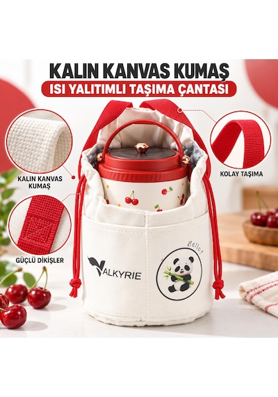 Valkyrie 1200 Ml Yalıtımlı Yemek Termosu Seti Paslanmaz Çelik İç Hazneli Yalıtımlı Taşıma Çantalı Kırmızı