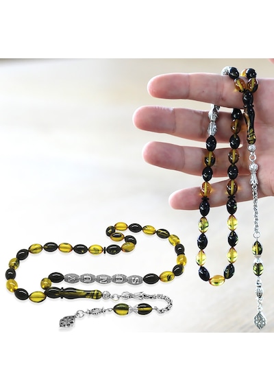 Tesbihname Ateş Kehribar Tesbih - Metal Püsküllü - Özel Hediye Kutulu - Arpa Kesim - Sarı Siyah Renk Çok Renkli