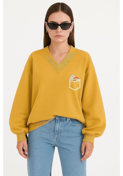 Benroma Cep Papatya Baskılı Ünisex V Yaka Sweatshirt Sarı