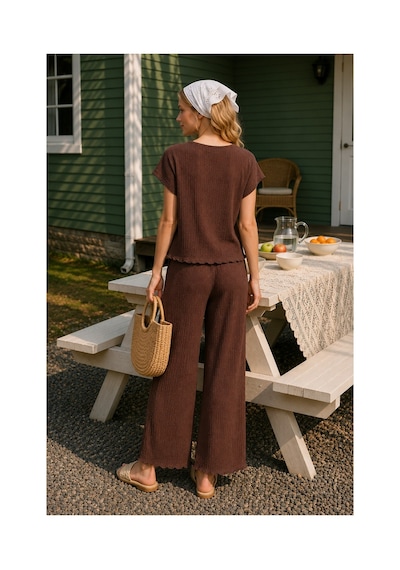 Rindahomewear Bürümcük Kumaş Kahverengi Düşük Kol Pijama Takım Kahverengi