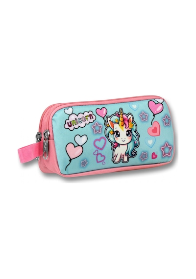 Ümit Çanta Kız Çocuklar İçin İki Bölmeli Bebek Unicorn Baskılı Kalemlik - Pembe Turkuaz - 5050 Pembe - Turkuaz