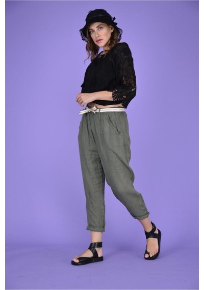 Bohem Stil Kadın Keten Havuç Pantolon-8603 Haki Yeşil Haki