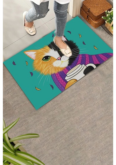 Valerine Life Kahve Düşkünü Relaks Kedi Yeşil Welcome Hoş Geldiniz Kapı Önü Paspası 45x70cm Kahverengi