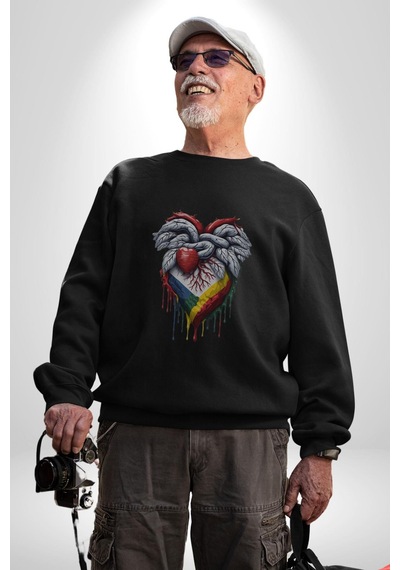 Kalp Damar Renkli Boyalı Unisex Siyah Baskılı Sweatshirt Siyah