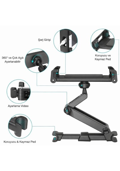 Araç Koltuk Arkası Telefon & Tablet Tutucu 360 Ayarlanabilir 5 14 Apple Uyumlu iPad , Tablet, Nintendo Switch Destekli Siyah